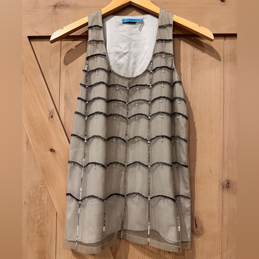 Alice + Olivia Cream Beaded Gray Silk Sleeveless Top - Size Small